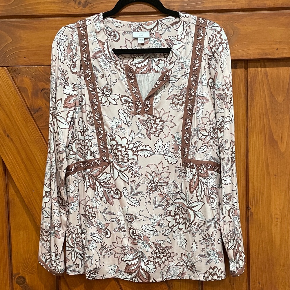 J. JILL Light Pink and Brown Floral Blouse Sz S